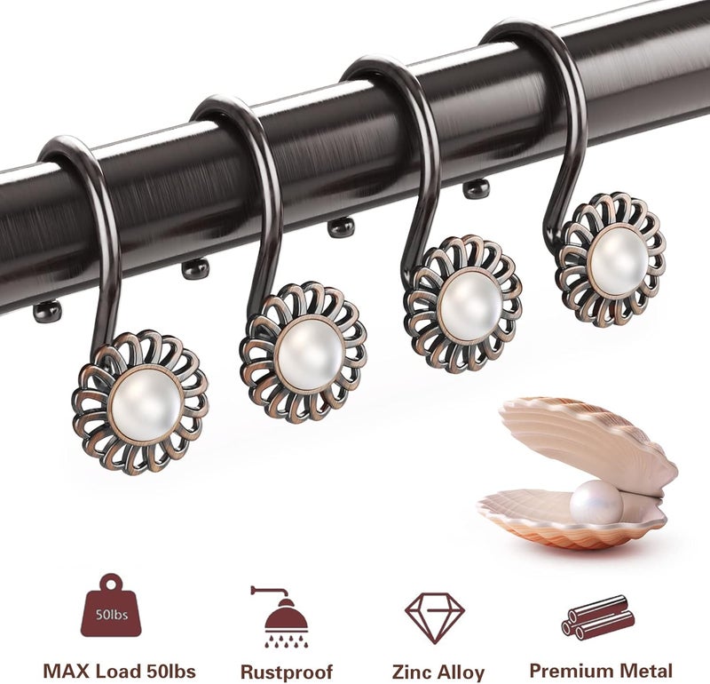 iToplin Oil Rubbed Bronze Shower Curtain Hooks, Decorative Sunflower Shower Curtain Rings for Bathroom Shower Curtain Rods and Liner,Metal Shower Hooks, Floral Pearl Shower Rings for Curtain Set of 12 - Image 3